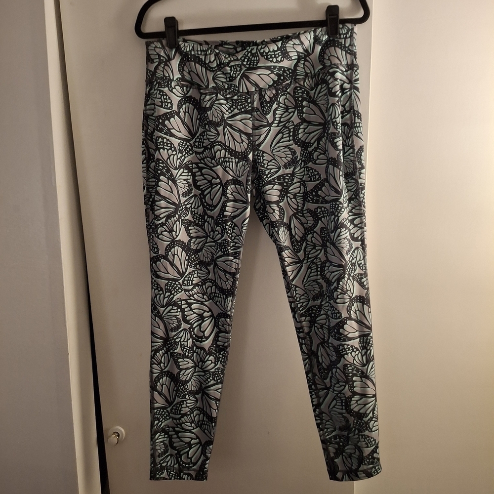 Danskin Now Women's Black, Gray, And Teal Butterfly Patterened Leggings